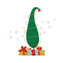 Grinch Christmas tree and gift boxes. Vector stock illustration isolated on white background for template design Christmas sale, greeting card, invitation.
