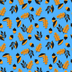vector seamless pattern acorns, branches Oak with leaves.Botanical forest black yellow  illustration. Background, wallpaper, fabric, textile, packaging, paper