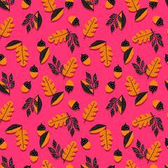Obraz premium vector seamless pattern acorns, branches Oak with leaves.Botanical forest black yellow illustration. Background, wallpaper, fabric, textile, packaging, paper