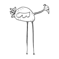 vector bird ostrich stork in childish style with long legs and neck dots. Hand drawing