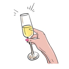 Hand with a glass of champagne in cartoon style. Vector illustration.