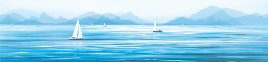 Fototapeta premium Vector blue sea view and yachts.