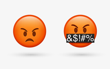 3d Red Angry emoji Face, emoticon Face with Symbols Over Mouth, Serious Face with Symbols Covering Mouth, red mad, Grumpy, angry emotion, Swearing, Grawlix, Cussing, Cursing character	