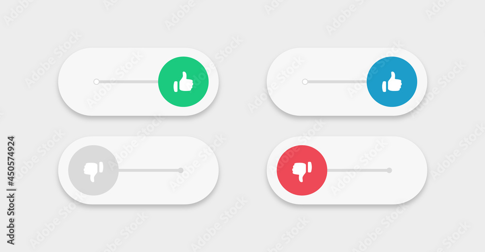 Poster On and Off toggle switch buttons with like icon, dislike symbol - yes and no icons with blue thumbs up, red thumbs down and blue like button