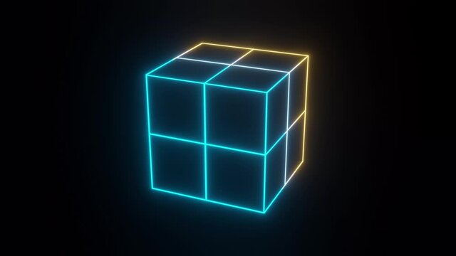 Yellow-blue neon lattice rotating cube. Abstract 4k 
 animation render	
