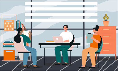 Group of male and female characters attending business meeting together. Concept of business people in office, planning, workflow, time management and presentation. Flat cartoon vector illustration