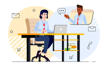 Woman having conference call with her colleague online. Office worker using laptop for remote work meeting. Concept for remote job, online chat, telecommuting, new normal. Cartoon vector illustration.