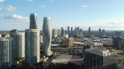 Fototapeta na wymiar Downtown Mississauga, Ontario, Canada. The skyline as seen from an aerial view. Absolute buildings and Square One shopping mall.