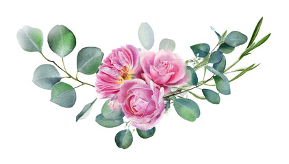 Fototapeta premium Eucalyptus branches with pink english roses. Watercolor flowers. Floral bouquet. Botanical illustration for greeting card, invitation, wedding design, poster, web project, logo etc.