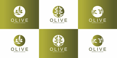 Set of Olive oil logo design with olive branch, leaf drupe, golden gradient, and business card Premium Vecto