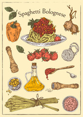 Colorful poster recipe of spaghetti bolognese. Color. Engraving style. Vector illustration.
