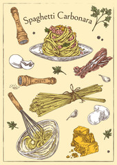 Colorful poster recipe of spaghetti carbonara. Color. Engraving style. Vector illustration.