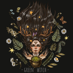 Vintage mystic witch illustration, Magic witchcraft, Green witch. Happy Halloween greeting card