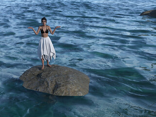 Illustration of a beautiful woman wearing a bikini top and a white skirt standing on a boulder surrounded by water with hands out in a gesture of surprise.