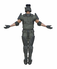 Illustration of a male soldier in full gear looking upward with arms apart on tiptoes isolated on a white background.