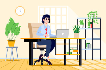 Young woman in formal clothes sitting at office desk. Business woman at her workplace. Professional office worker character working with laptop. Cartoon vector illustration.