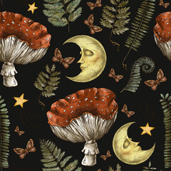 Vintage magic forest botanical seamless pattern, witchcraft art, amanita mushroom - 450576933