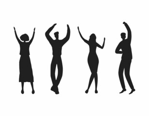 Naklejka na ściany i meble Happy people are dancing. Black silhouettes of men and women on a white background. Vector illustration