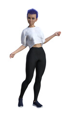 Illustration of a young woman with purple hair leaning back with arms out isolated on a white background.