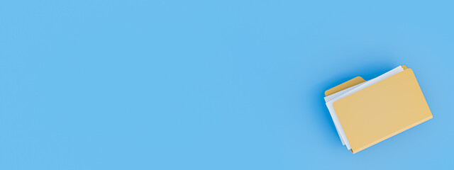 Folder, yellow folder at blue background, banner. 3D illustration.