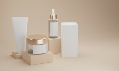 A set of cosmetic bottles for liquid, cream, gel, lotion. Cosmetics package, empty templates of transparent and white plastic containers: dispenser, cream jar, tube. 3d rendering.