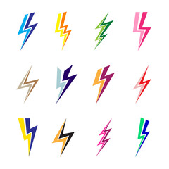Colored Lightning Bolt Icons. Simple Icon Storm or Thunder and Lightning strike. Flash Symbol, Thunderbolt. Simple Cartoon Lightning Strike Sign