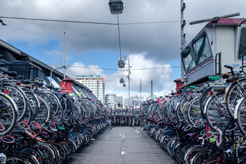 Floating bicycle shed behind Central Station in Amsterdam, Noord-Holland province, The Netherlands