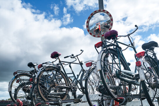 Floating bicycle shed behind Central Station in Amsterdam, Noord-Holland province, The Netherlands
