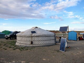 Yurt with solar panel in Gobi Desert, Mongolia