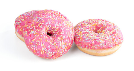 Three pink donuts with small candies