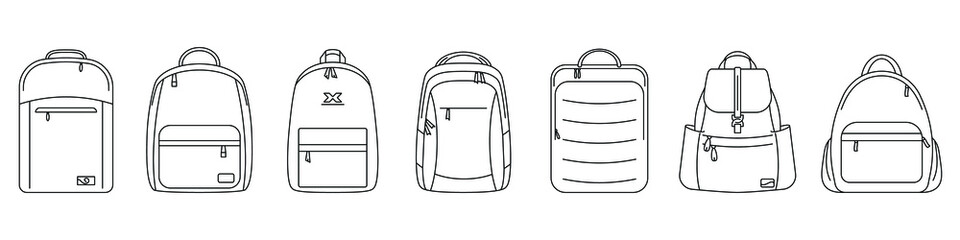 Fototapeta Backpack icon. Vector illustration. Set of black linear backpack icons. Isolated backpack icons obraz
