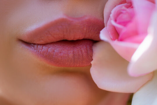 Lips Beauty Closeup. Beautiful woman mouth lips with rose.