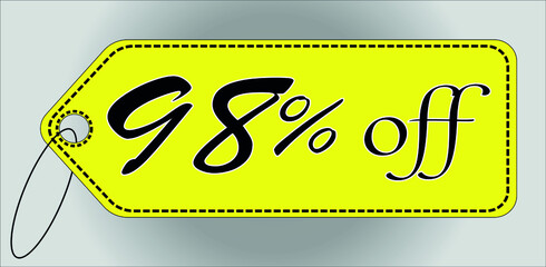 98 percent off yellow tag. 98% discount tag for offers and promotions