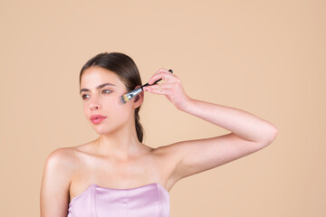 Beauty woman face with natural make up, fresh beauty model young spa. Beauty treatment concept, portrait of young woman with cosmetic tonal foundation on face.