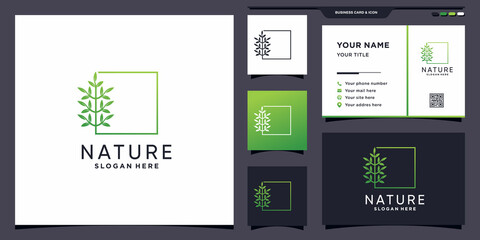 Creative nature tree logo with modern linear square concept and business card design Premium Vector