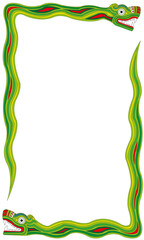 Marco vertical de serpientes prehispánicas con colmillos
