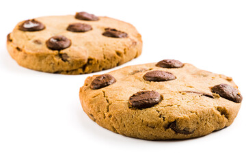 Chocolate cookies isolated on white background. Close-up Macro. Selective focus.