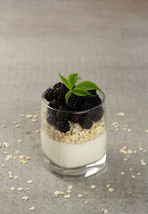 Granola with yoghurt and fresh blackberry in a glass