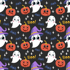 Seamless background with characters of the holiday Halloween. Pumpkin, ghost and bats in cute cartoon childish style. Baby print for Halloween, kind funny monsters. Vector illustration, print design