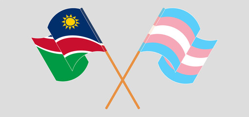 Crossed and waving flags of Namibia and transgender pride