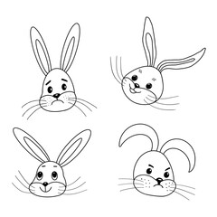 Cute faces of little rabbits, line art illustration. Digital illustration with funny faces of cartoon bunnies, for print on kids wears, baby invitation cards, coloring books.