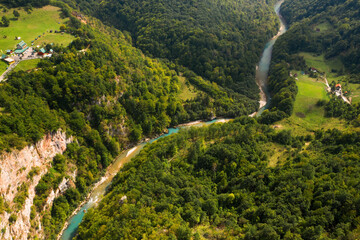 Tara River Canyon. Djurdzhevich Bridge. Montenegro. Reinforced concrete arch bridge over the Tara river. View from above