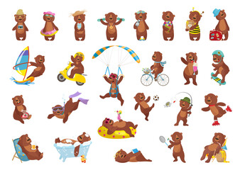 Collection of cartoon illustrations with bear performing different actions. Colorful cute character.