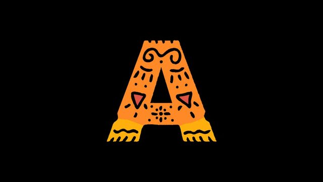 Letter A. 4K, Transparent Alpha channel. Ethnic ornament, national folk pattern in letter. 3 colors. Cartoon Animation. Capital Letter A for ad, ABC education, erudition, software, interface game.