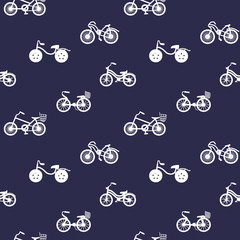 Seamless pattern with bicycle silhouettes. Bikes ornament on blue backgrounds. Transport backdrops for web design, wrapping papers, fabric.