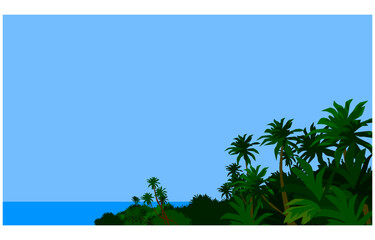 Fototapeta na wymiar The tropics. The island is covered with rainforest in the middle of the ocean. Vector image for prints, poster and illustrations.