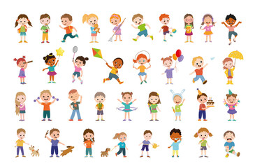 Collection of cartoon illustrations with children's performing different actions. Colorful kids characters.