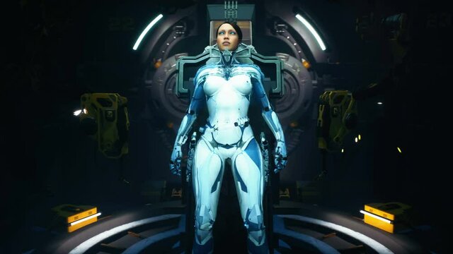 A robot girl undergoes a routine technical inspection in cyber laboratory. The woman was created using 3D computer graphics. 3D rendering. The loopable animation is perfect for fiction backgrounds.