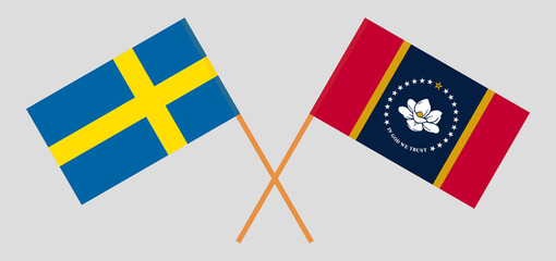 Crossed flags of Sweden and the State of Mississippi. Official colors. Correct proportion