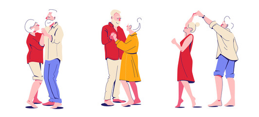 Fototapeta na wymiar Set of illustration of romantic dance of two elderly people. Vector illustration in cartoon style isolated on white background.